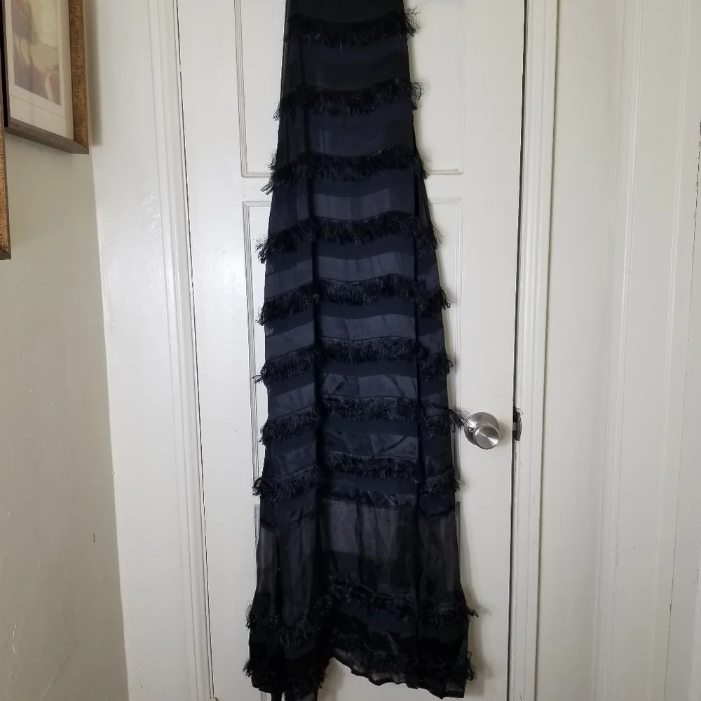 HUNTER BELL black overlay fuzzy stripe sleeveless spaghetti strap maxi dress - Picture 4 of 10